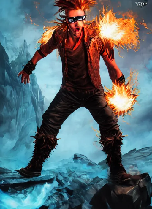 Image similar to An epic fantasy comic book style portrait painting of young man with red spiked long hair, using an orange lens googles. Wearing white shirt, a black waistcoat, brown pants and black boots. He is throwing a wild fire blast from his hands, with a vicious smile in face. Unreal 5, DAZ, hyperrealistic, octane render, cosplay, RPG portrait, dynamic lighting