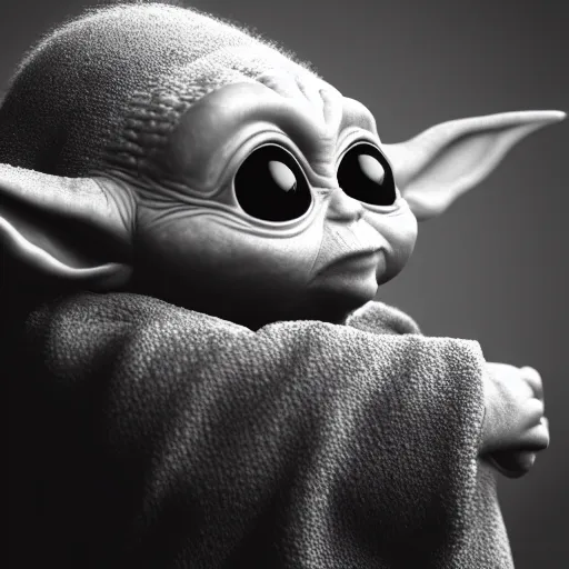 Image similar to profile shot of Baby Yoda with black background, strong bokeh, dramatic, cinematic, high contrast, octane render, 4k