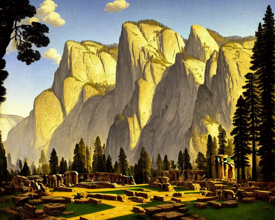 Image similar to an achingly beautiful print of roman ruins in the middle of Yosemite valley by Raphael, Hopper, and Rene Magritte. detailed, romantic, enchanting, trending on artstation.