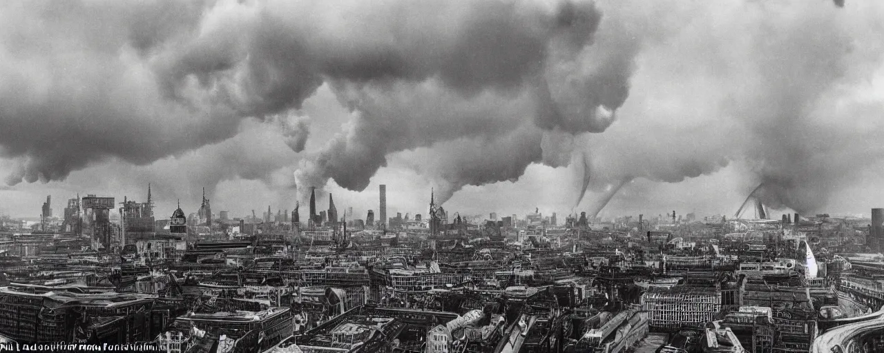 Prompt: a landscape of central london after a nuclear strike, collapsed london eye, big ben, groups of human figures, fog, atmosphere, brooding clouds, mushroom cloud, gas