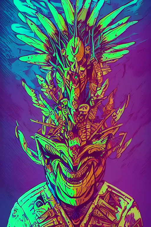 Image similar to totem animal tribal chaman vodoo mask feather gemstone plant wood rock video game illustration vivid color borderlands by josan gonzales and dan mumford radiating a glowing aura