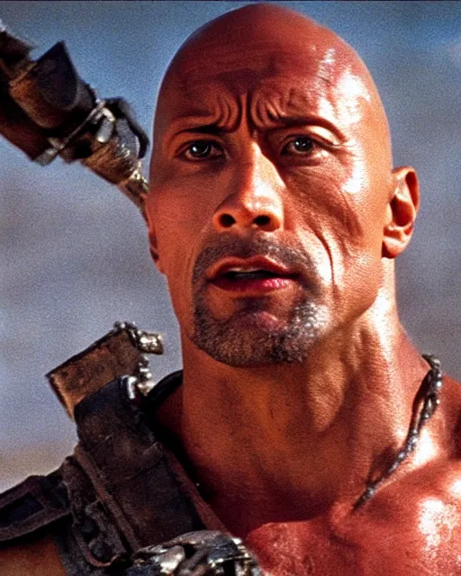 Image similar to film still close up shot of dwayne johnson as max rockatansky in the movie mad max 2 the road warrior. photographic, photography