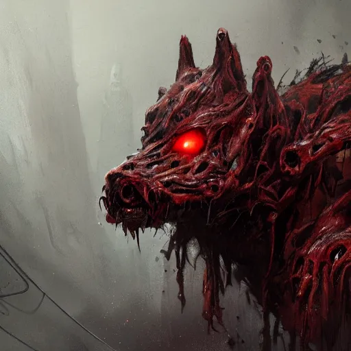 Image similar to concept art by greg rutkowski, dog - shaped monster made of twisted flesh and reddish ooze, roaming the colony, looking rabid, in a claustrophobic, futuristic and brutalist environment, frightening and creepy atmosphere, scifi, highly detailed portrait, digital painting, artstation, concept art, smooth, sharp foccus ilustration, artstation hq