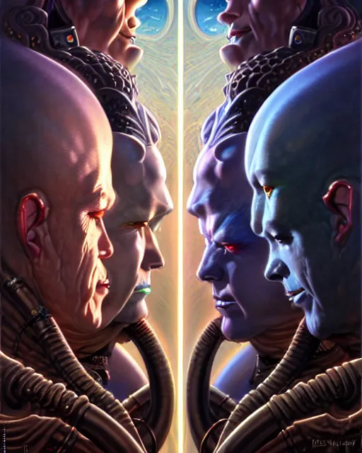 Image similar to beautiful gemini good and evil fantasy character portrait, ultra realistic, wide angle, intricate details, the fifth element artifacts, highly detailed by peter mohrbacher, hajime sorayama, wayne barlowe, boris vallejo, aaron horkey, gaston bussiere, craig mullins