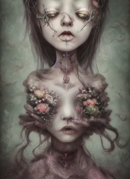 Image similar to pop surrealism, lowbrow art, realistic cute bride ghost girl painting, japanese street fashion, hyper realism, muted colours, rococo, natalie shau, loreta lux, tom bagshaw, mark ryden, trevor brown style,