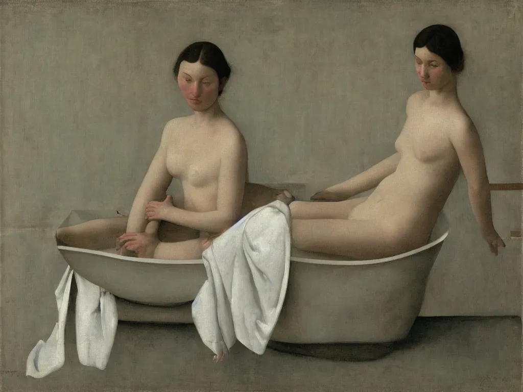 Image similar to Portrait of a woman in the bathtub with amphora, white cloth and crane. White Opal, marble, terracotta. Painting by Balthus, Hammershoi, Morandi