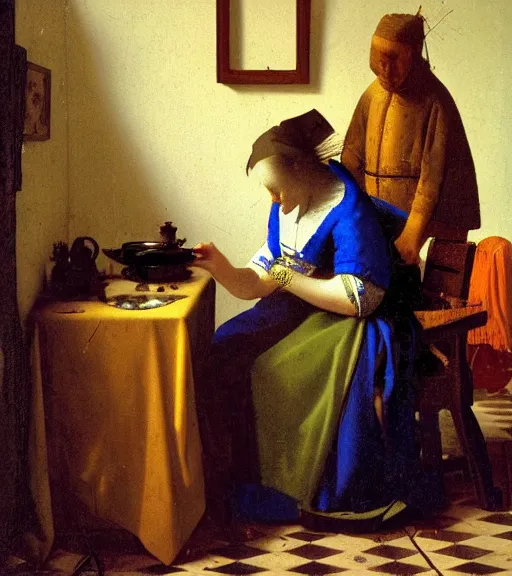 Prompt: portrait of a fortune teller automata by Vermeer