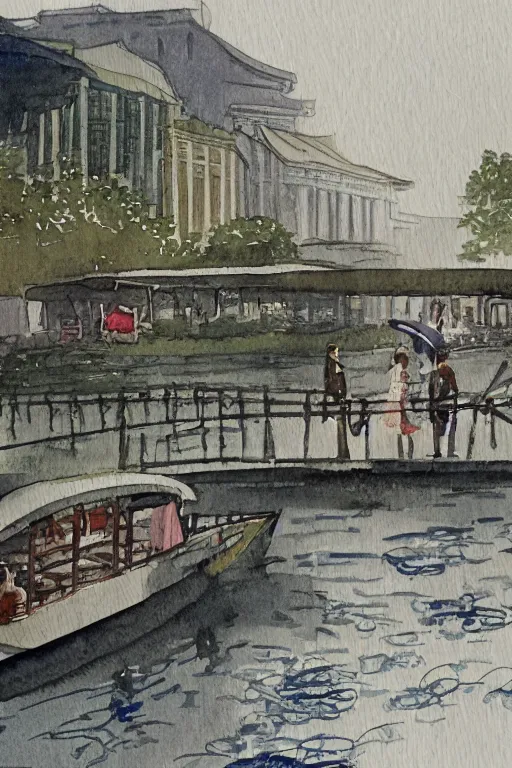 Image similar to a watercolor depicting singapore river boat quay with statue of raffles, gloomy weather, high contrast, smooth, by joseph zbikowicz, 8 k