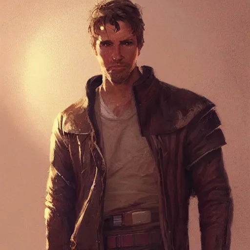 Image similar to portrait of a man by Greg Rutkowski, Cade Skywalker from Star Wars Expanded Universe, he is about 30 years old, wearing a leather jacket, highly detailed portrait, digital painting, artstation, concept art, smooth, sharp foccus ilustration, Artstation HQ