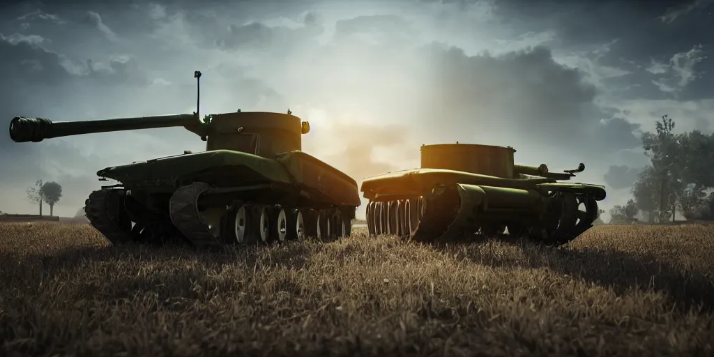 Image similar to tank and tractor standing close to each other, highly detailed, photorealistic portrait, bright studio setting, studio lighting, crisp quality and light reflections, unreal engine 5 quality render