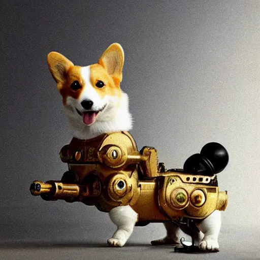 Image similar to a cute happy corgi robot by alfred stevens, detailed, intricate, cyberpunk, cinematic, breathtaking