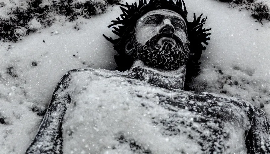 Image similar to 1 9 6 0 s movie still close up of marcus aurelius frozen to death under the snow on a river's shore with gravel, frozen hair, pine forests, cinestill 8 0 0 t 3 5 mm b & w, high quality, heavy grain, high detail, texture, dramatic light, anamorphic, hyperrealistic, detailed hair foggy