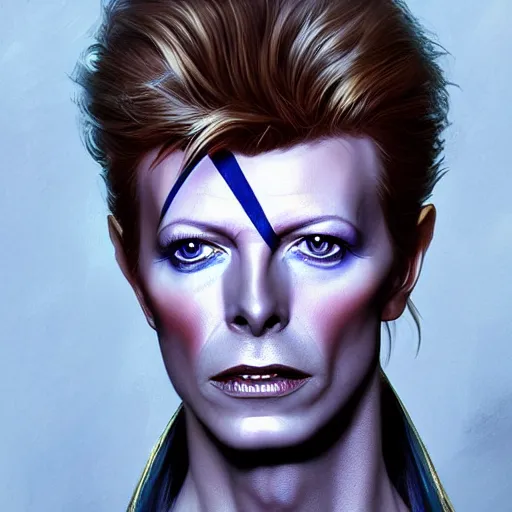 Image similar to portrait of David Bowie, fantasy, intricate, elegant, highly detailed, digital painting, artstation, concept art, smooth, sharp focus, illustration, art by artgerm and greg rutkowski and alphonse mucha