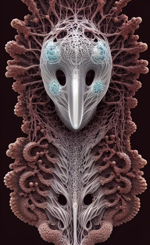 Image similar to gothic goddess intricate mask, eagle coral, jelly fish, mandelbulb 3 d, fractal flame, octane render, cyborg, biomechanical, futuristic, by ernst haeckel