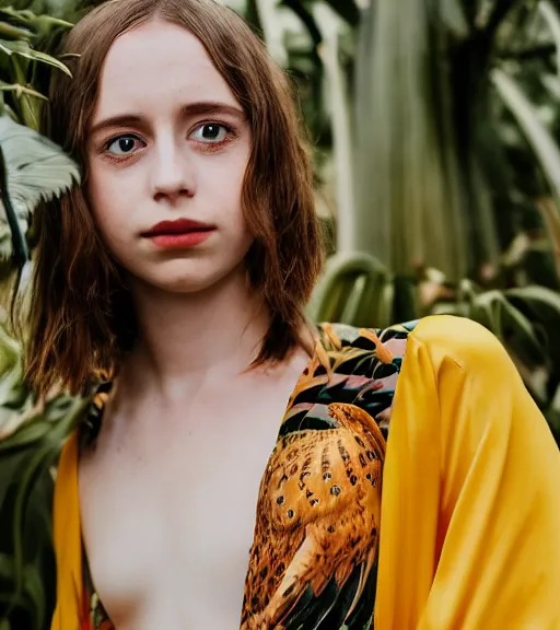 Prompt: head to shoulder Portrait an attractive young female that looks like Maya Hawke wearing a yellow kimono in a tropical greenhouse with a very detailed barn owl on her shoulder, medium format camera, 85mm f1.8, bokeh, Fashion shoot 8k, dreamy, elegant