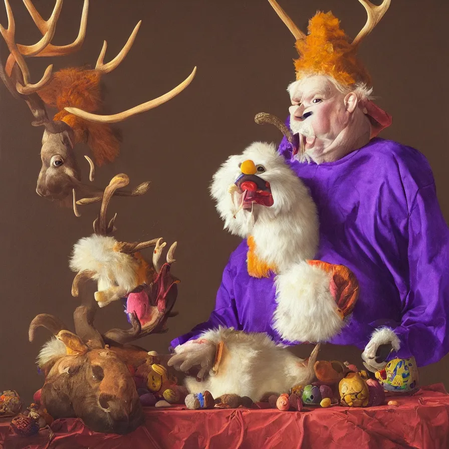 Image similar to rare hyper realistic portrait painting by dutch masters, studio lighting, brightly lit purple room, a blue rubber ducky with antlers laughing at a giant crying rabbit with a clown mask