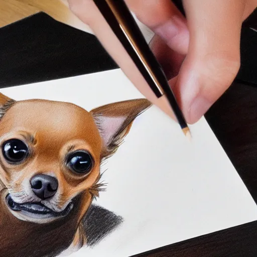 Prompt: an illustration of a chihuahua drawing a picture of another chihuahua, photorealistic
