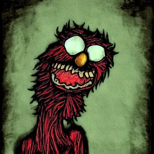 Prompt: grunge drawing of elmo by mrrevenge, corpse bride style, horror themed, detailed