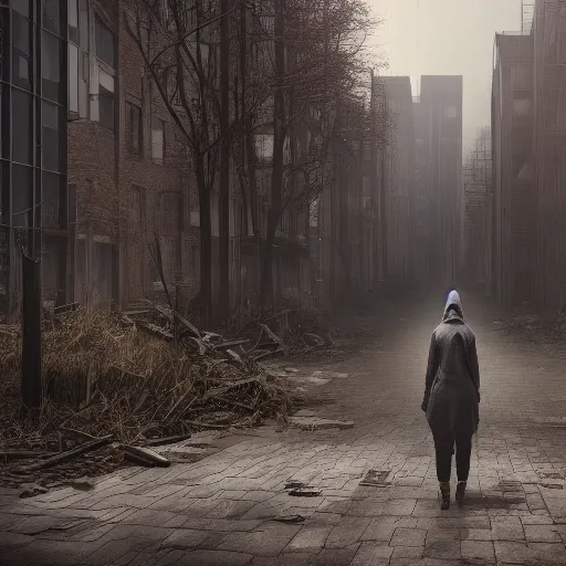Prompt: Hooded woman walking through Rotterdam in a post-apocalyptic setting, overgrown, hyperdetailed, artstation, cgsociety, 8k
