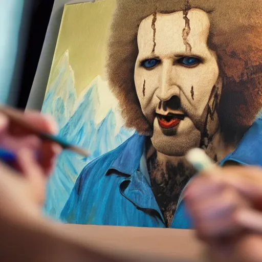 Image similar to a closeup photorealistic photograph of bob ross working on a canvas painting of marilyn manson. happy trees, mountain scape. film still. brightly lit scene. this 4 k hd image is trending on artstation, featured on behance, well - rendered, extra crisp, features intricate detail, epic composition and the style of unreal engine.