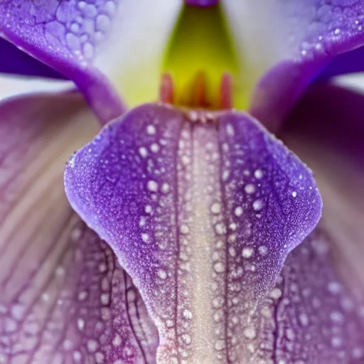 Prompt: Detailed close-up photo of an orchid bloom with dew made of human skin.