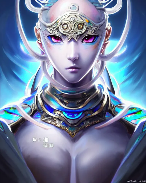 Image similar to anime portrait of an iridescent opal cyborg shinobi, intricate ornate details, morandi color scheme, fantasy, elegant, highly detailed, wide angle, digital painting, artstation, concept art, smooth, sharp focus, illustration, wallpaper, dynamic pose, splash art, league of legends, art by artgerm and greg rutkowski and bo chen and jin xiaodi