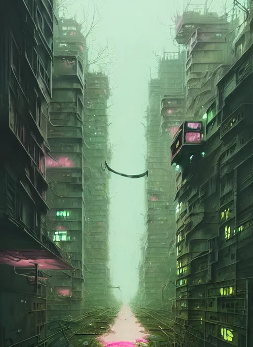 Image similar to highly detailed matte painting, of a dystopian calligraphy graffiti tag city with thick green overgrowth, by atey ghailan, by greg rutkowski, by greg tocchini, by james gilleard, by joe fenton, by kaethe butcher, pink, brown, light blue and white mystical color scheme, grunge aesthetic, octane render