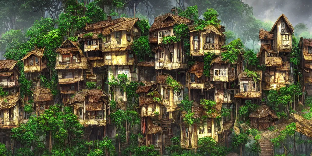 Image similar to long and tall fractal houses, village, jungle, artstation, digital art