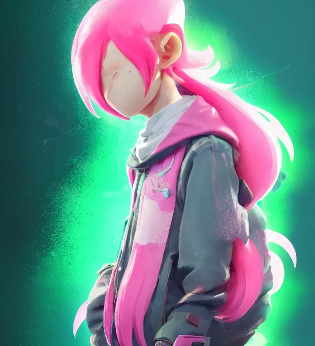 Image similar to a beautiful portrait of a cute splatoon anime boy with pink hair wearing a green hoodie. character design by cory loftis, fenghua zhong, ryohei hase, ismail inceoglu and ruan jia. artstation, volumetric light, detailed, photorealistic, fantasy, rendered in octane