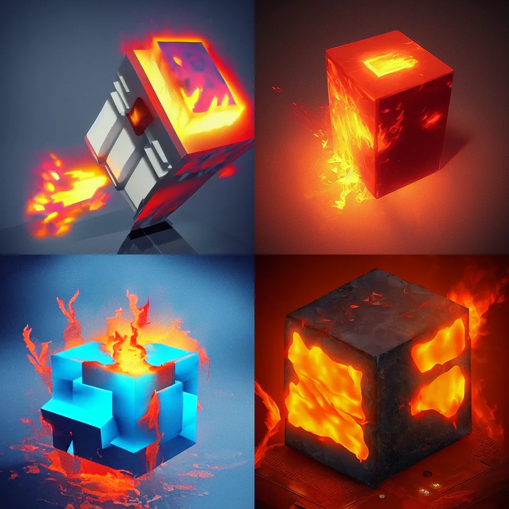 Prompt: “cube made of fire, cinematic, trending on artstation”