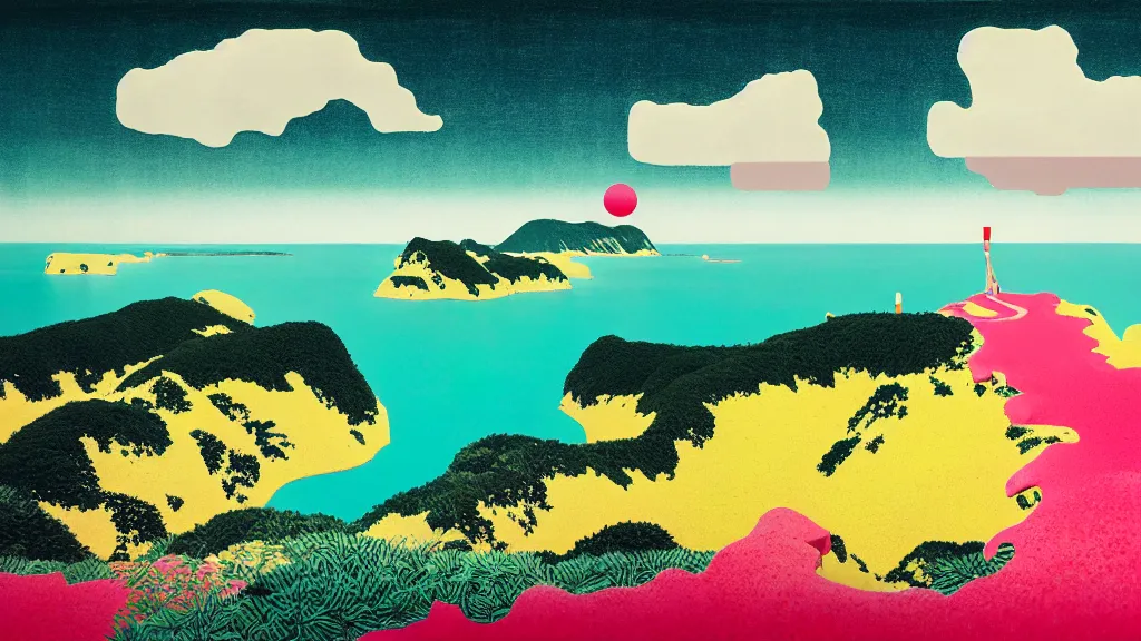 Image similar to dramatic landscape of okinawa prefecture, japan, a collage painting, in the style of wes anderson, lola dupre, david hockney, isolated on negative white space background dark monochrome neon fluorescent spraypaint accents volumetric octane render