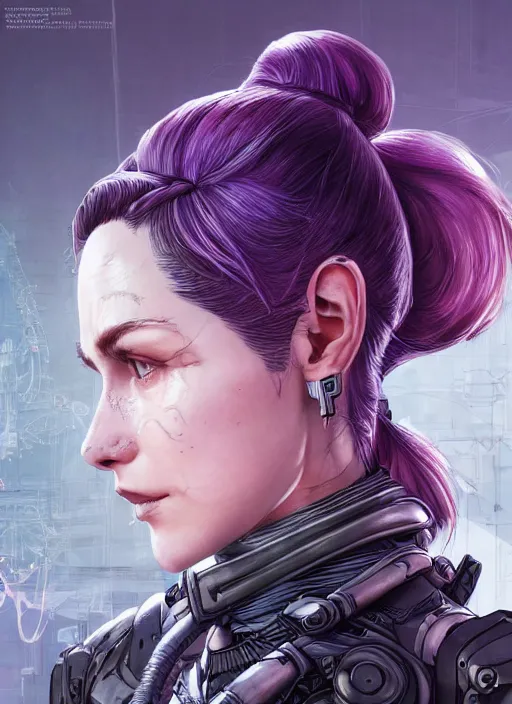 Image similar to close up portrait of a pale woman in power armor with purple ponytail hair, elegant, stoic, intense, ultrafine hyperdetailed illustration by kim jung gi, irakli nadar, intricate linework, sharp focus, bright colors, octopath traveler, yoji shinkawa, highly rendered, global illumination, radiant light, detailed, intricate environment