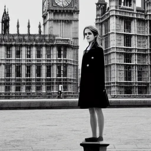 Image similar to Photograph of Emma Watson standing in front of Big Ben. Extremely detailed. Cinematic. 4K. Award winning photography.