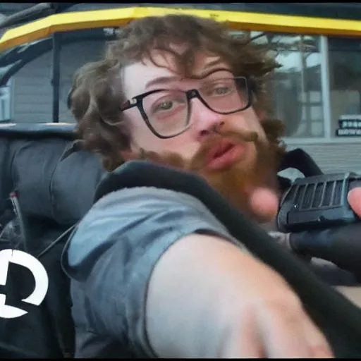 Image similar to sam hyde firing a rpg into a city bus, 4 k, realistic, serious, gritty, sam hyde