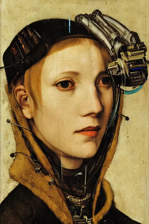 Prompt: a close - up portrait of a cyberpunk cyborg girl, by hans holbein the younger, rule of thirds