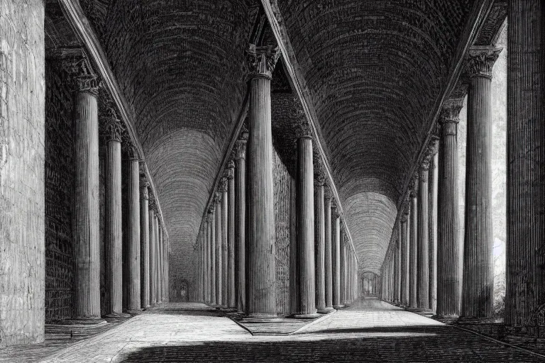 Prompt: an infinite Roman hallway, by Piranesi, 4K