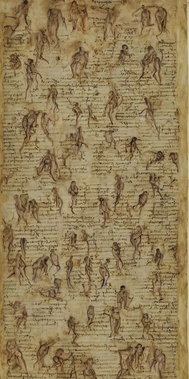 Prompt: an open page of the voynich manuscript, depicting a digital painting of human evolution by da vinci, paper texture, extremely detailed, professional, hand written notes, epic, full colors