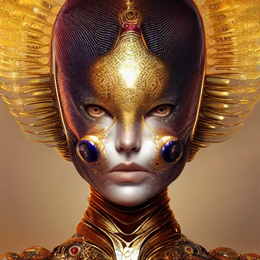 Image similar to a beautiful symmetrical body wearing an armor made of golden ornaments and gems by alex gray and android jones , Karol Bak, Ayami Kojima, Amano , 3D, 8k resolution