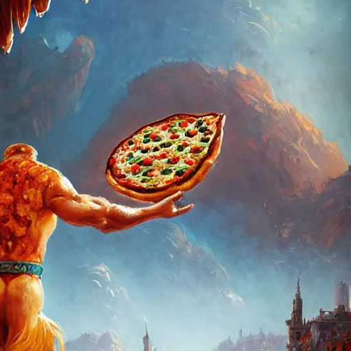 Image similar to ultra realistic illustration of pizza giant, intricate, fantasy italy, epic landscape, highly detailed, digital painting, artstation, concept art, smooth, sharp focus, illustration, art by tim mcburnie and conar cross and anato finnstark