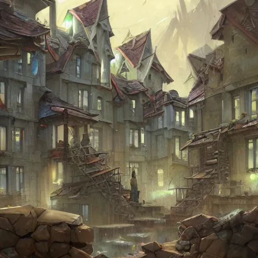 Prompt: buildings had built from stone blocks, with tile roofs, and simple, peaked wooden roofs. the structures were packed closely together, making them seem squat. the tenements and shops were uniform in appearance ; by peter mohrbacher
