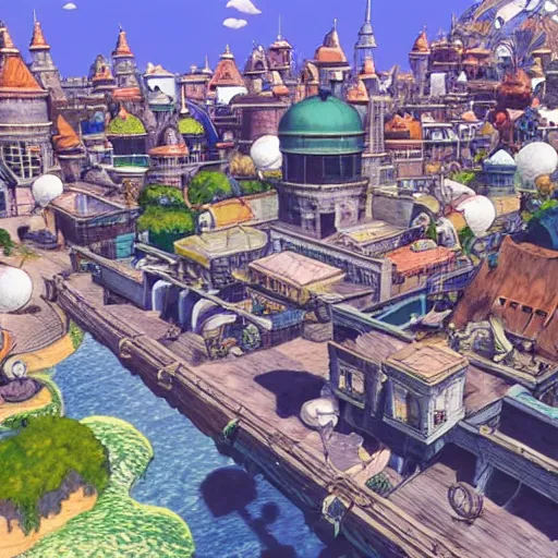 Prompt: a screenshot of a playstation final fantasy 9 city in the style of studio ghibli