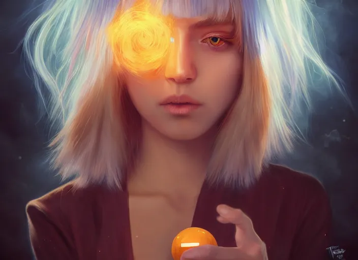 Image similar to rimuru tempest playing go, with amber eyes of golden colored eyes, straight hair, sky blue hair, long bangs, high collar, concept art, award winning photography, digital painting, cinematic, wlop, 8 k, by ross tran, tom bagshaw, andy warhol