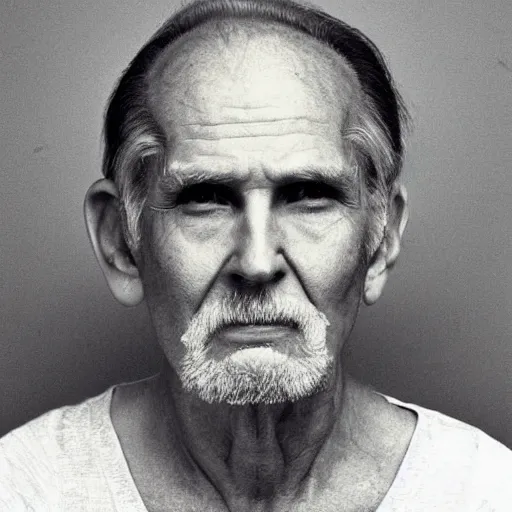 Prompt: A mugshot portrait of an old man who looks like Jerma985 with an extremely receded hairline and short mid-length greying wavy hair, wearing mid-1980s menswear in the late 2000s, taken in the mid 2000s, grainy, realistic, hyperrealistic, very realistic, highly detailed, very detailed, extremely detailed, detailed, trending on artstation, front facing, front view, headshot and bodyshot, detailed face, very detailed face