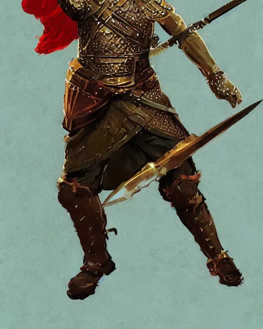 Image similar to beverly toegold the fift, epic level dnd male halfling nature paladin, wielding the golden holy avenger sword, wearing magical gleaming chainmail armor. full character concept art, realistic, high detail digital gouache painting by angus mcbride and michael whelan and jeffrey jones