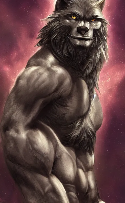 Image similar to Portrait of a rugged werewolf sitting down, male, muscular, space clothing!!!!!, highly detailed, cinematic lighting, digital art