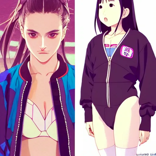 Image similar to a beautiful plus sized model japanese natalie portman, alluring, wearing oversized mayan bomber jacket and leotard with overalls, bulky poofy bomber jacket with mayan patterns, aztec street fashion, gapmoe yandere grimdark, trending on pixiv fanbox, painted by greg rutkowski makoto shinkai takashi takeuchi studio ghibli, akihiko yoshida