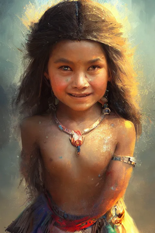 Image similar to aztec little girl, joyful, close - up portrait, intricate, elegant, volumetric lighting, scenery, digital painting, highly detailed, artstation, sharp focus, illustration, concept art, ruan jia, steve mccurry