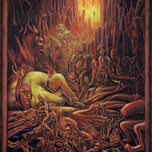Image similar to disasterpiece mesmerizing inner sanctum of the most disturbing and beautiful truth, in the style of Jeff Easley, Grant Wood, Ken Kelly, – W 1024