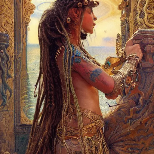 Prompt: intricate detail, hyper detail, by gaston bussiere, bayard wu, greg rutkowski, h. r. giger, greg rutkowski, sandro botticelli, lady of elche, techno mystic goddess princess intergalactica, goddess inanna, ashteroth, with aqua rapunzel dreadlocks, mami wata, detailed, masterpiece, sharp focus,