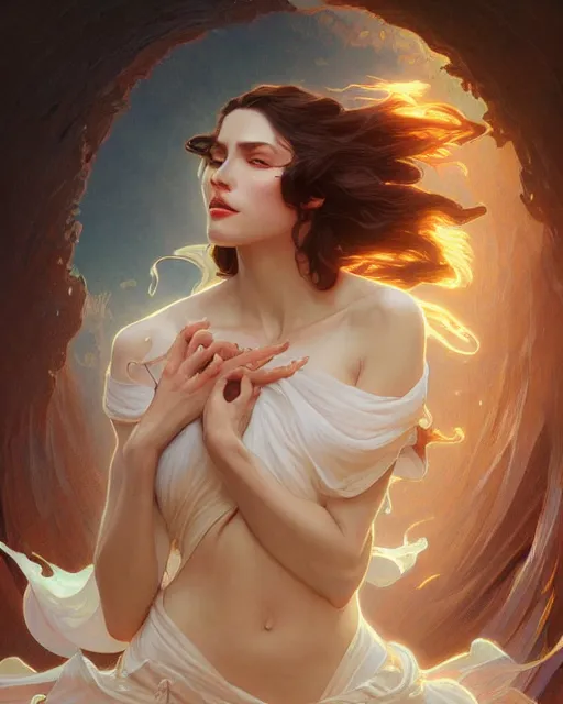 Image similar to painting of stunning otherworldly goddess of beauty rising from the void, highly detailed, digital painting, artstation, concept art, smooth, sharp focus, illustration, art by artgerm and greg rutkowski and alphonse mucha, 8 k